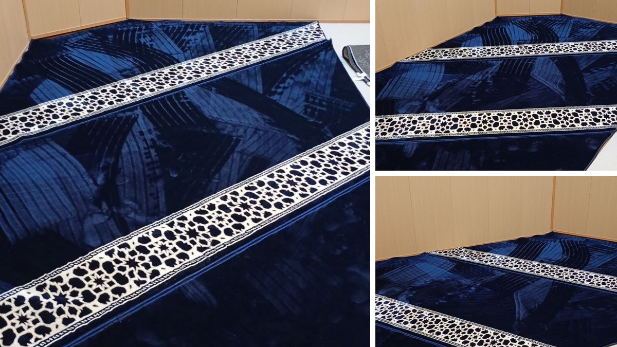 Kolase foto pemasangan karpet mushola Jakarta Timur di Gedung Ardya Loka Halim, karpet Royal Elite biru motif Mirac dengan garis shaf krem