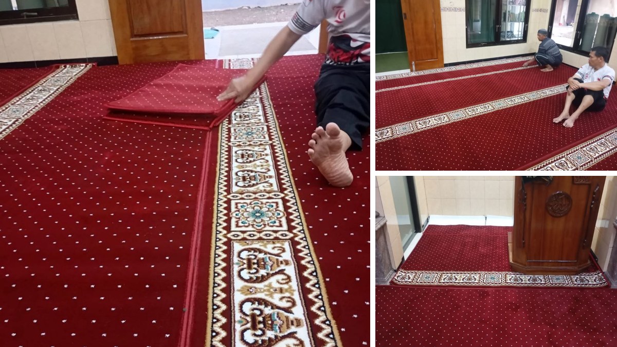 Kolase foto pemasangan karpet masjid Karanganyar di Masjid Al Ittihad Karangpandan dengan karpet merah motif bintik dan border ornamen